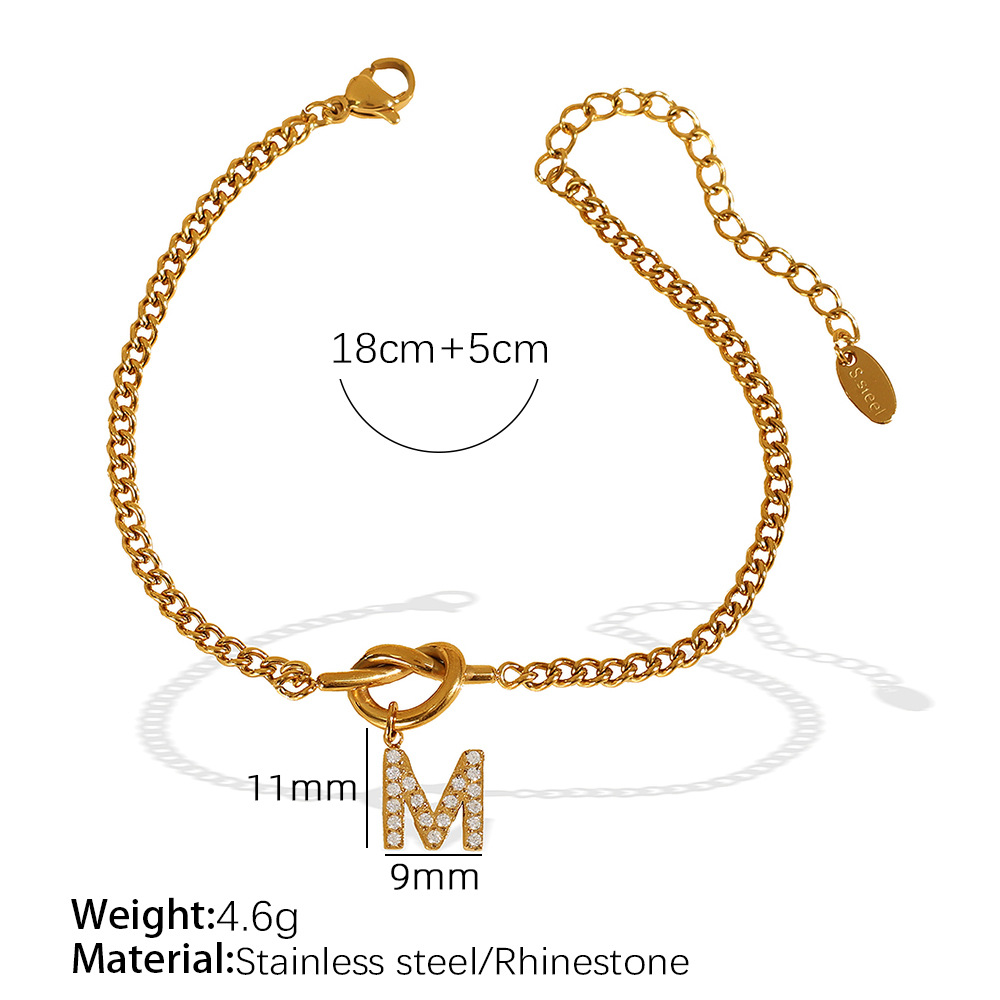 Gold color / 1 Piece Simple Series Simple Letter M Stainless Steel 18K Gold Color Plated Rhinestone Women's Charm Bracelets Picture13